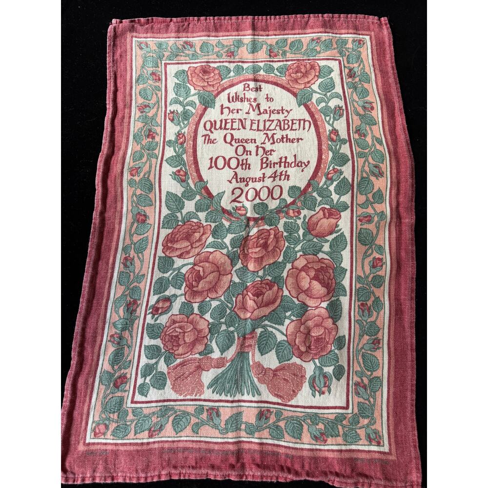 Elizabeth The Queen Mother 100th Birthday Linen Tea Towel 2000 England 17 x 25